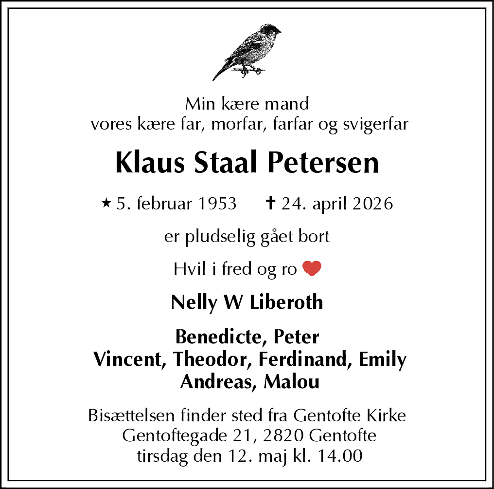 Dødsannonce for Klaus Staal Petersen