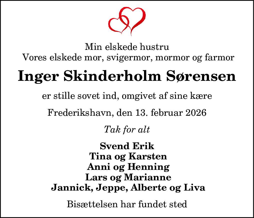Dødsannonce for Inger Skinderholm Sørensen
