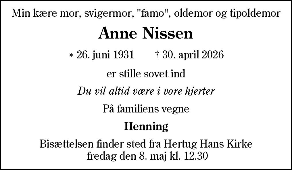 Dødsannonce for Anne Marie Nissen