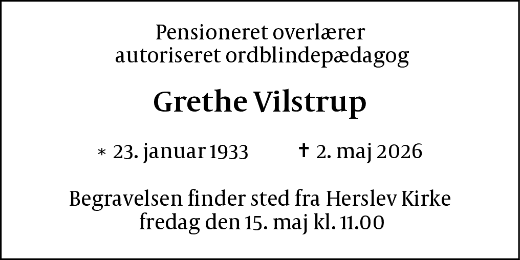 Dødsannonce for Grethe Vilstrup