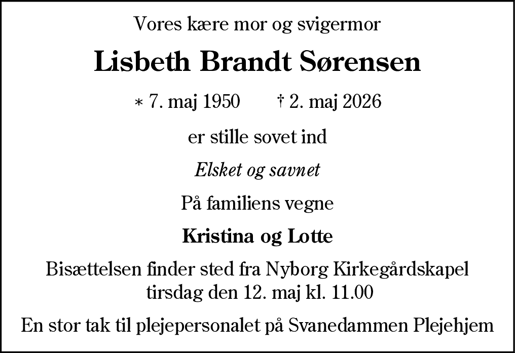 Dødsannonce for Lisbeth Brandt Sørensen