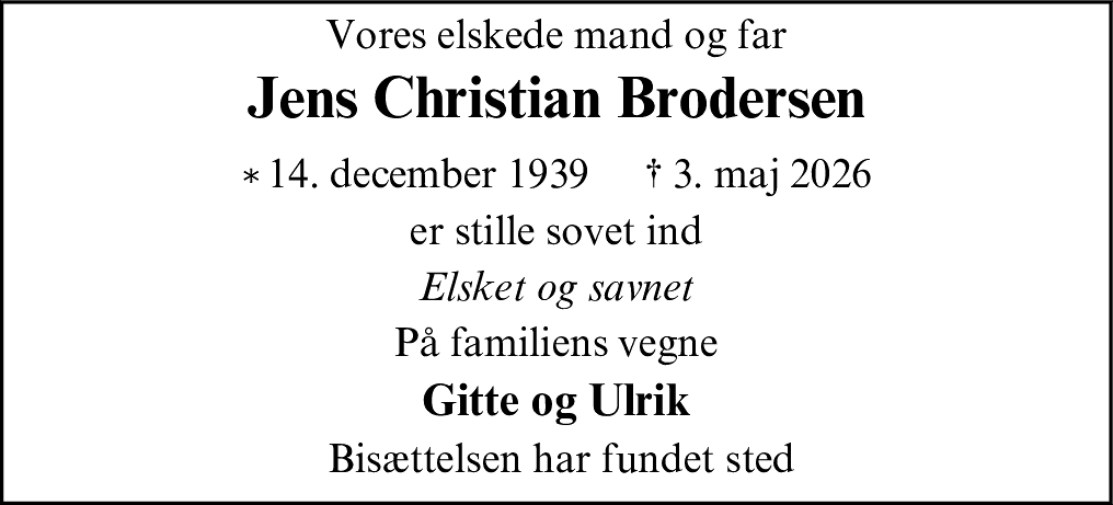 Dødsannonce for Jens Christian Brodersen