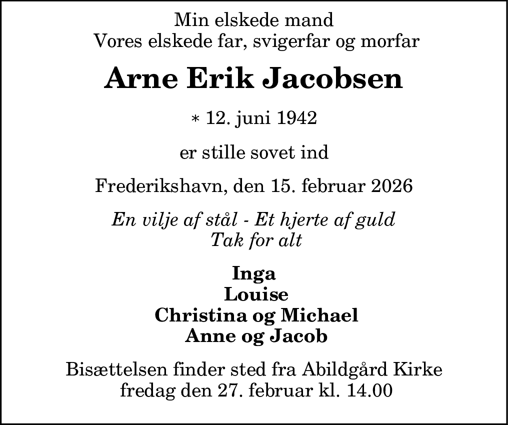 Dødsannonce for Arne Erik Jacobsen