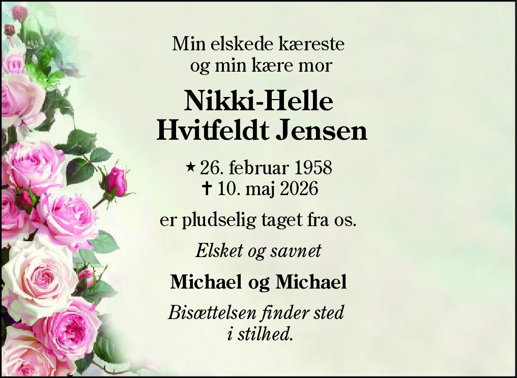Dødsannonce for Nikki-Helle Hvitfeldt Jensen