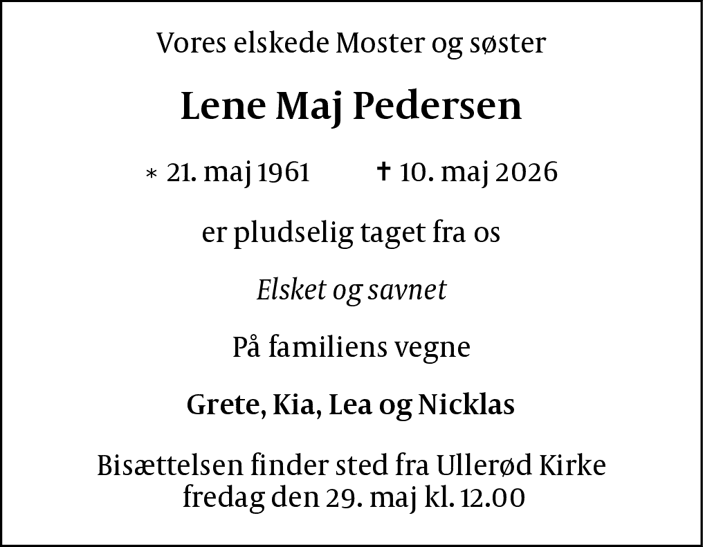 Dødsannonce for Lene Maj Pedersen