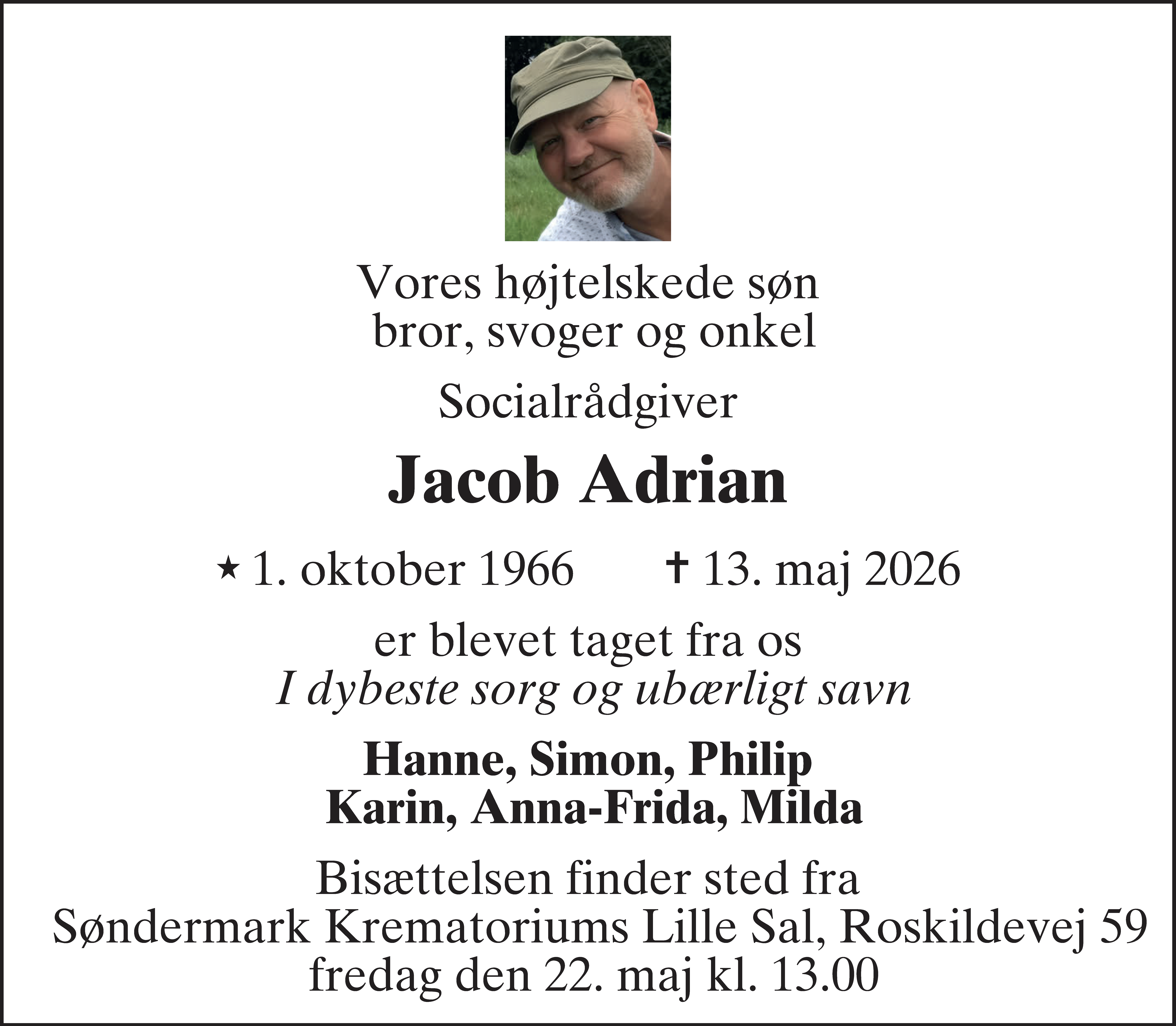 Dødsannonce for Jacob Adrian