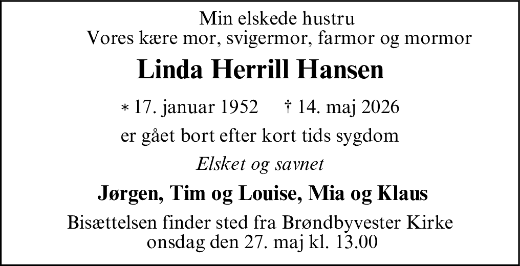 Dødsannonce for Linda Herrill Hansen