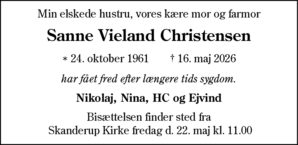 Dødsannonce for Susanne Vieland Christensen