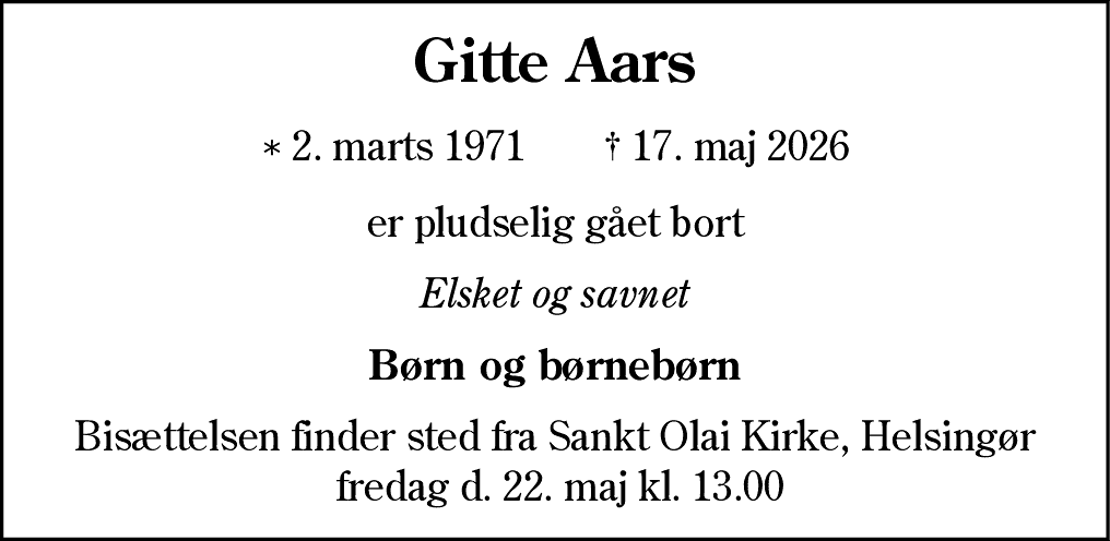 Dødsannonce for Gitte Aars