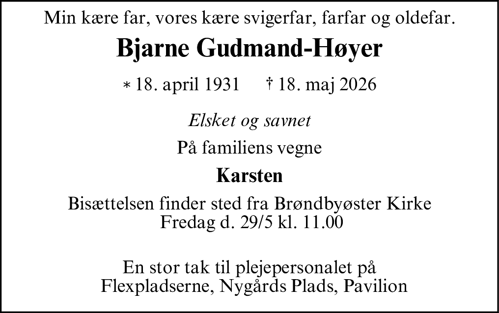 Dødsannonce for Bjarne Gudmand-Høyer