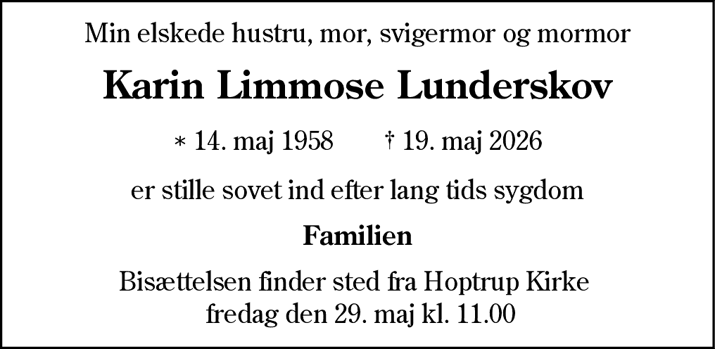 Dødsannonce for Karin Lunderskov