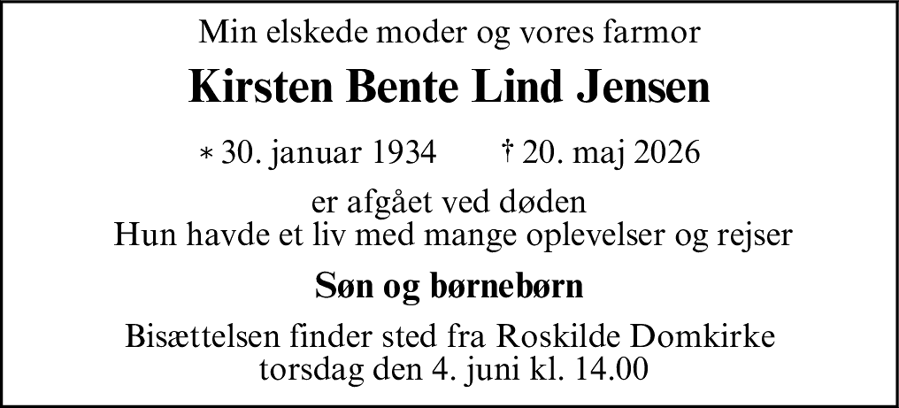 Dødsannonce for Kirsten Bente Lind Jensen