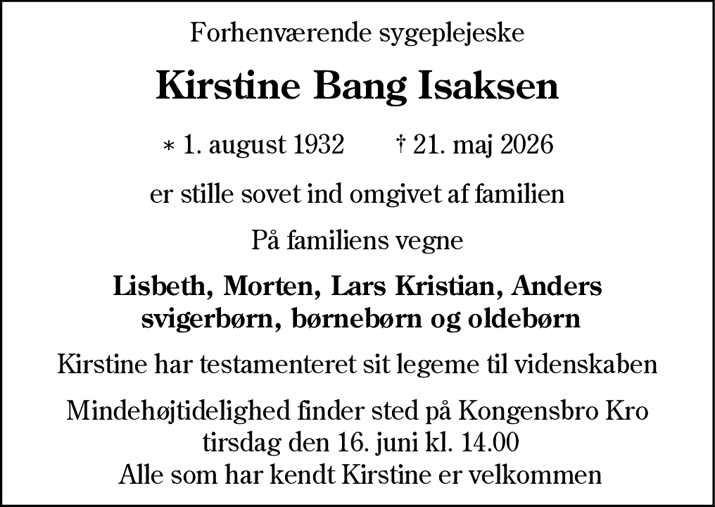 Dødsannonce for Kirstine Bang Isaksen