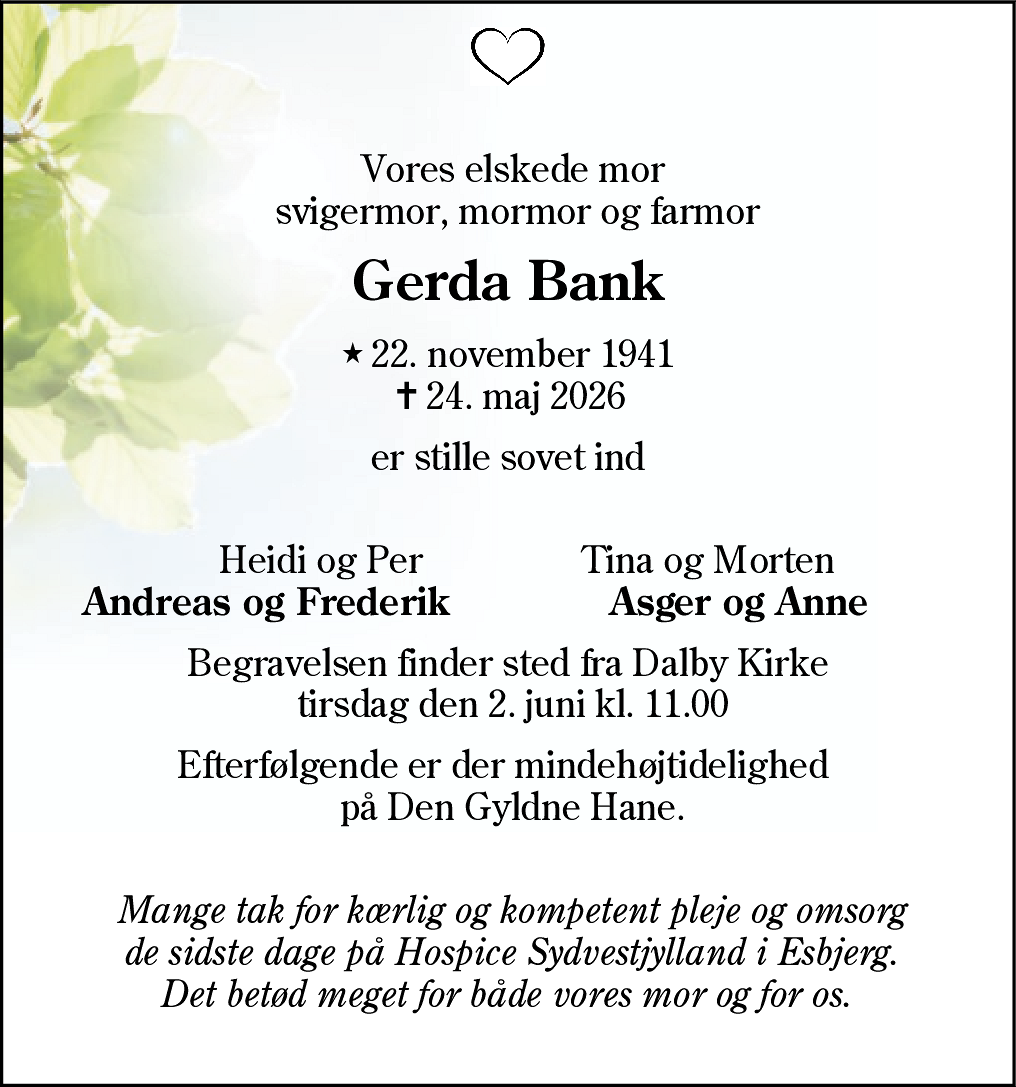 Dødsannonce for Gerda Bank