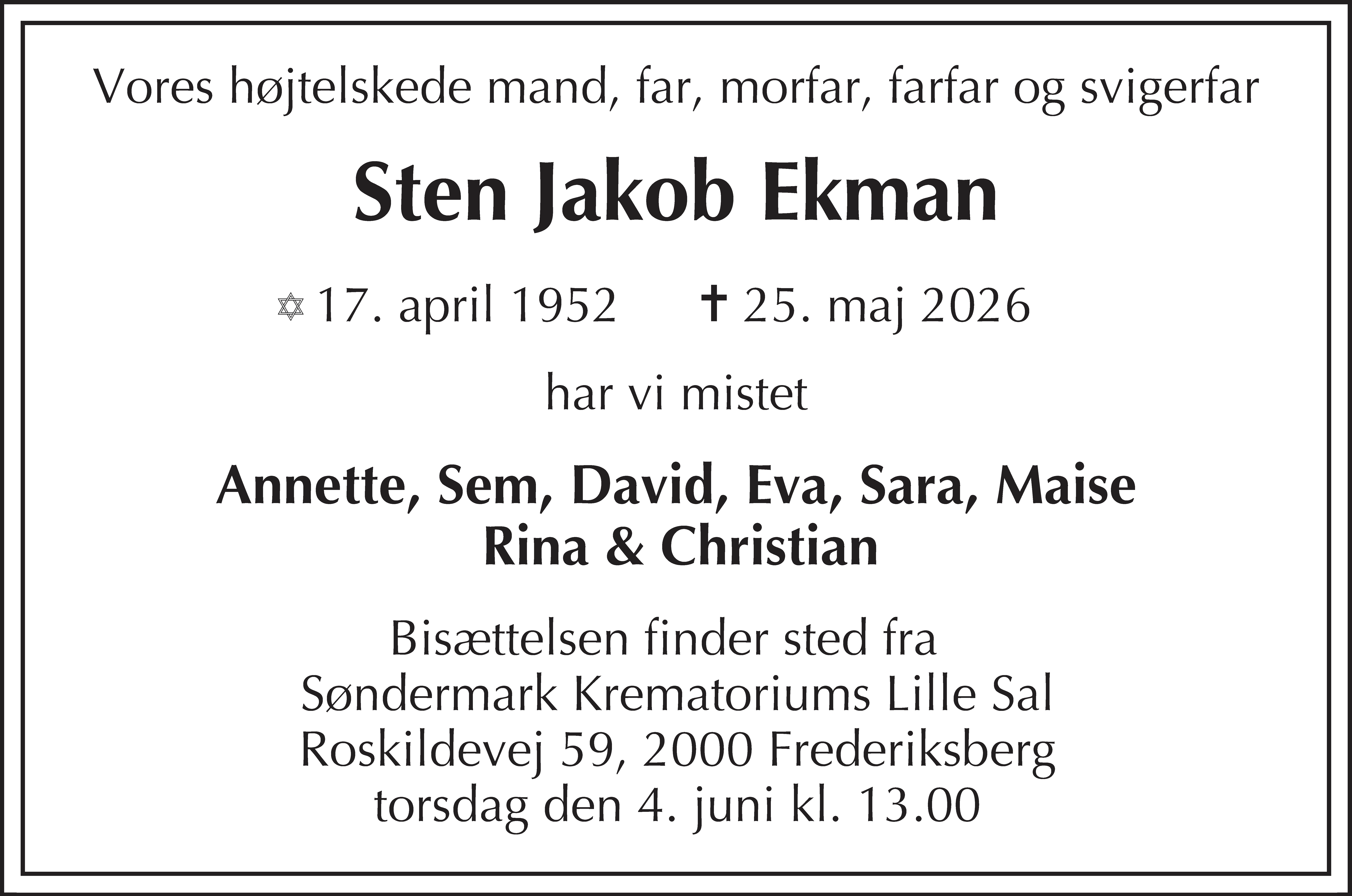 Dødsannonce for Sten Jakob Ekman