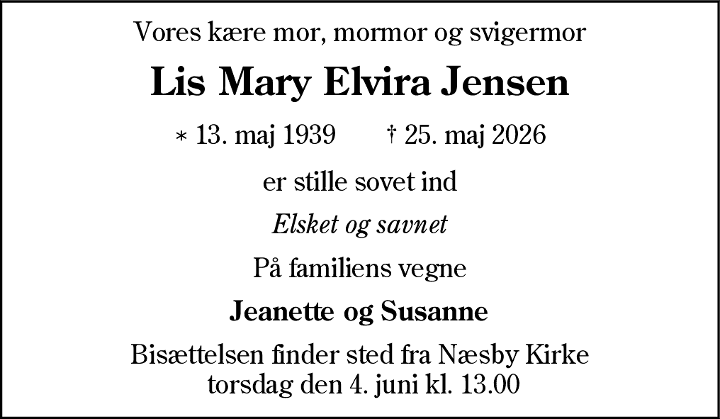 Dødsannonce for Lis Mary Elvira Jensen