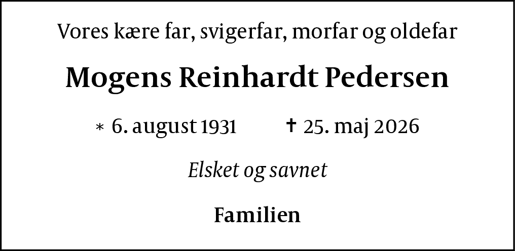 Dødsannonce for Mogens Reinhardt Pedersen