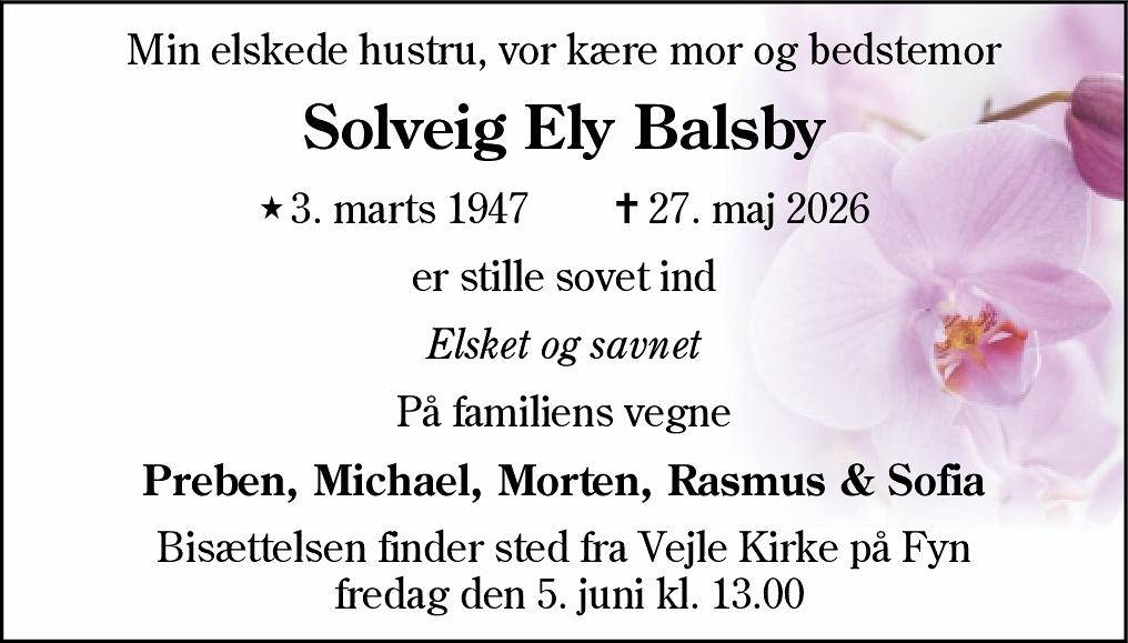 Dødsannonce for Solveig Ely Balsby