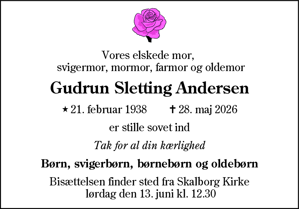 Dødsannonce for Gudrun Sletting Andersen