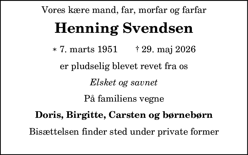 Dødsannonce for Henning Svendsen