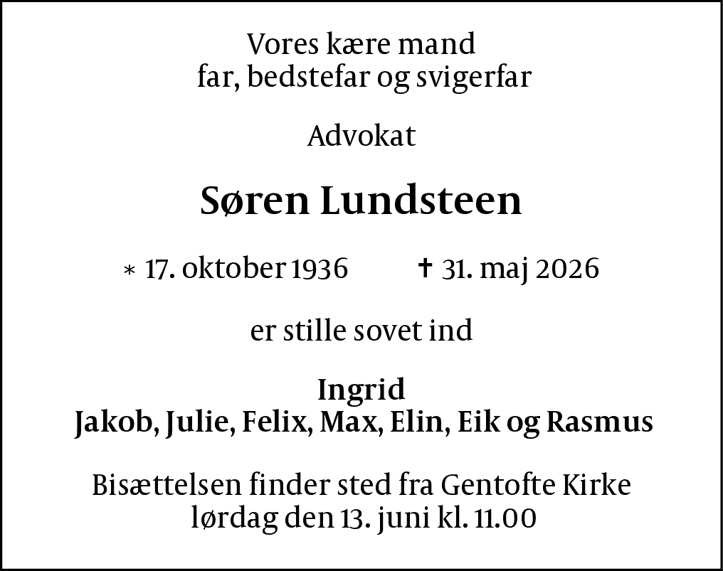 Dødsannonce for Søren Lundsteen