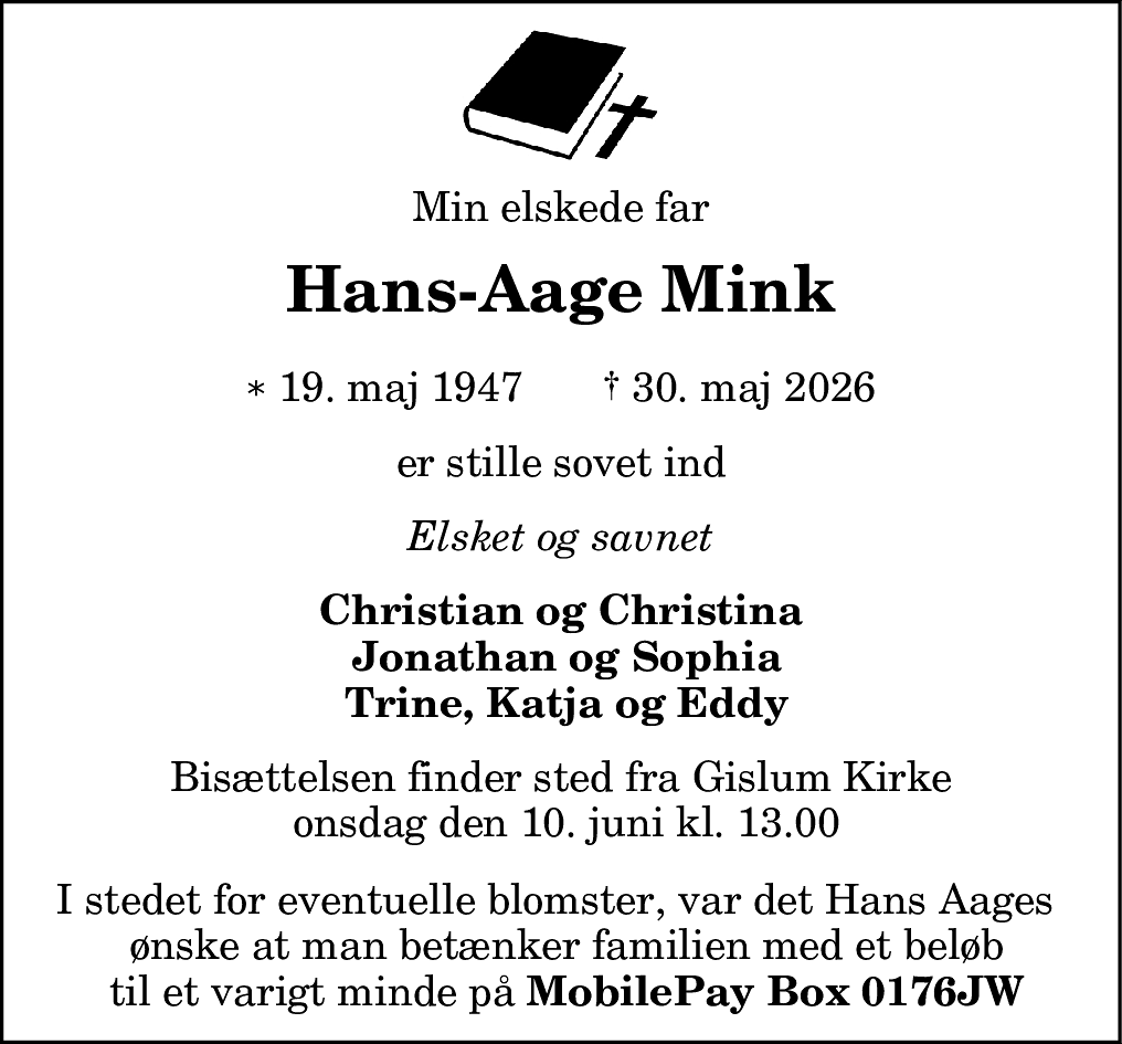 Dødsannonce for Hans-Aage Mink