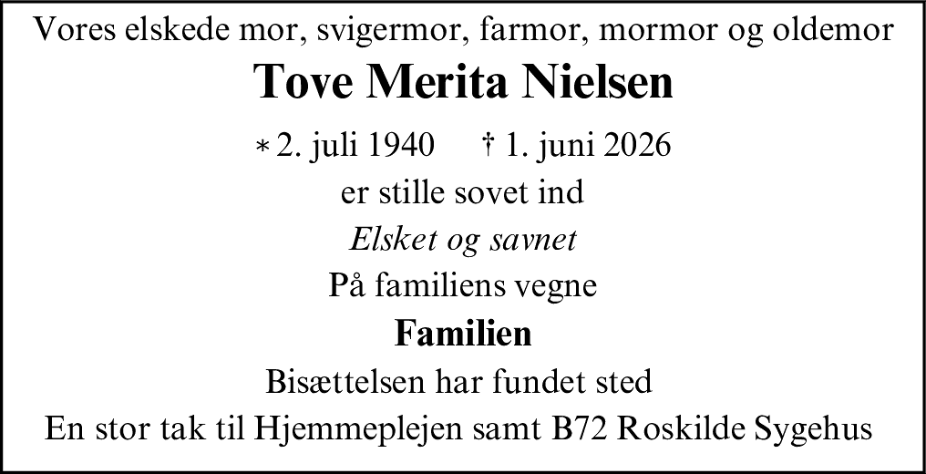 Dødsannonce for Tove Merita Nielsen
