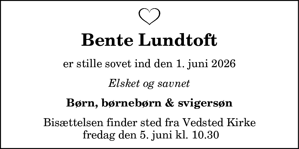 Dødsannonce for Bente Lundtoft