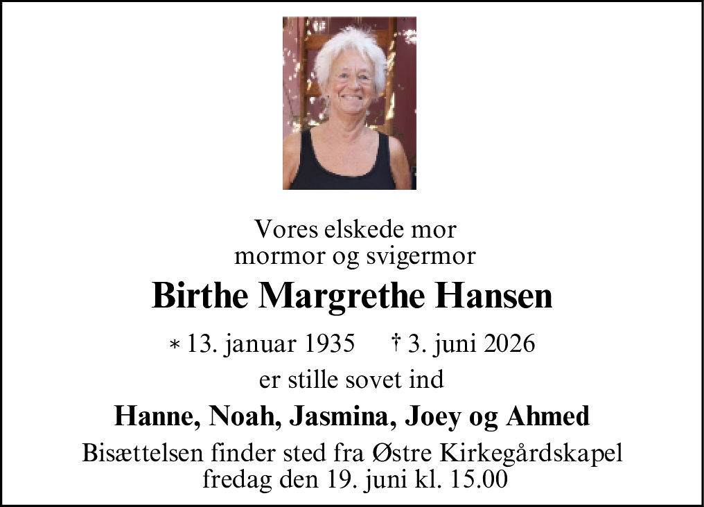 Dødsannonce for Birthe Margrethe Hansen