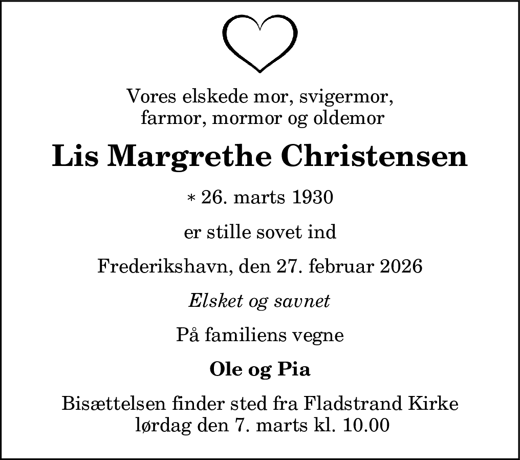 Dødsannonce for Lis Margrethe Christensen