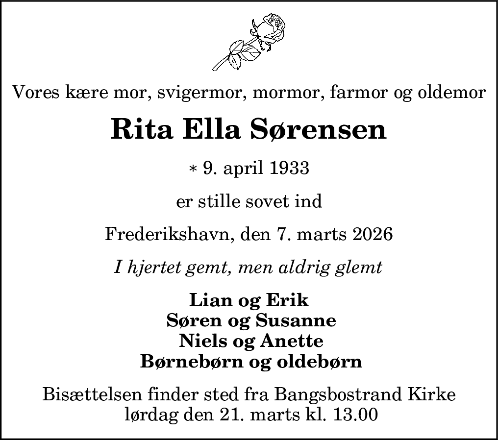 Dødsannonce for Rita Ella Sørensen