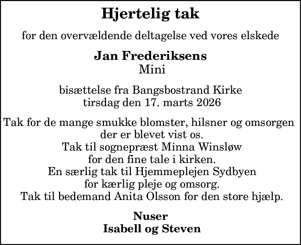 Dødsannonce for Jan Frederiksen