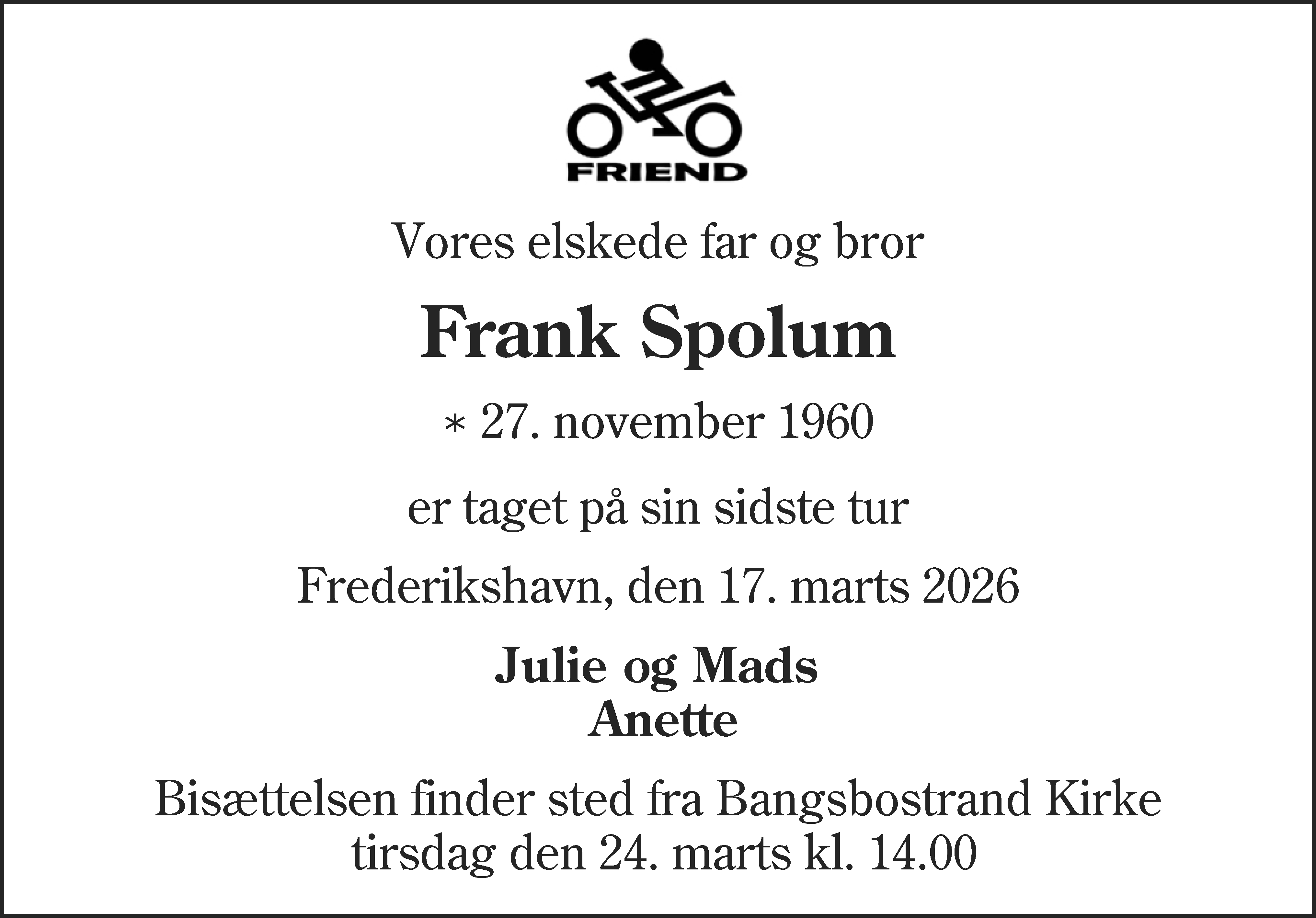 Dødsannonce for Frank Christian Spolum