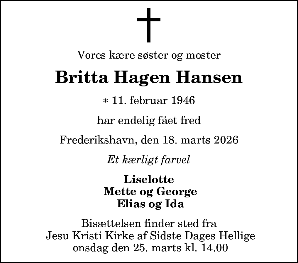 Dødsannonce for Britta Hagen Hansen