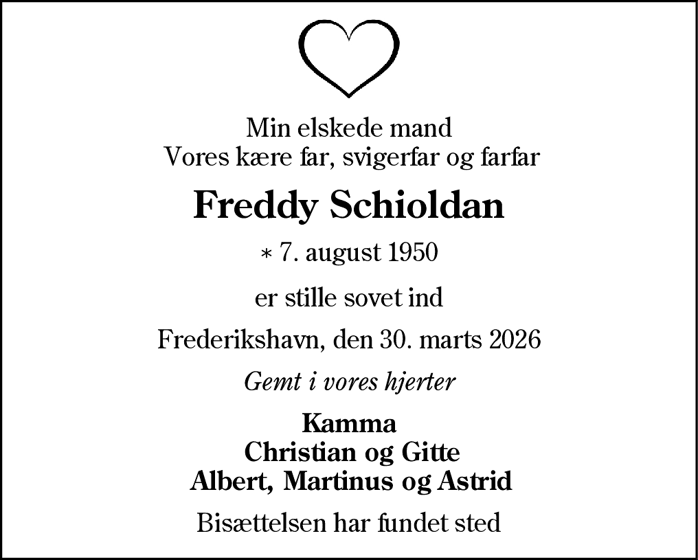 Dødsannonce for Freddy Schioldan