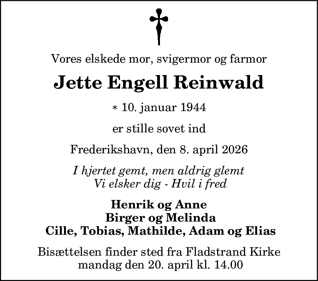 Dødsannonce for Jette Engell Reinwald
