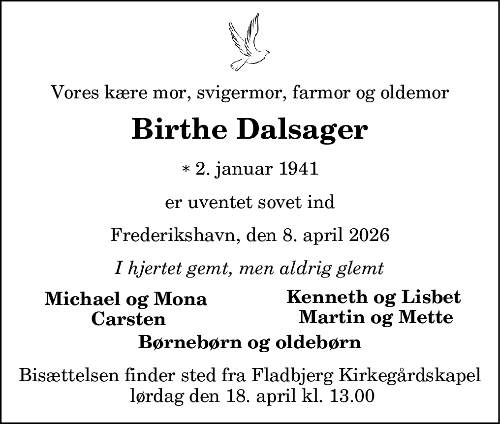Dødsannonce for Birthe Dalsager