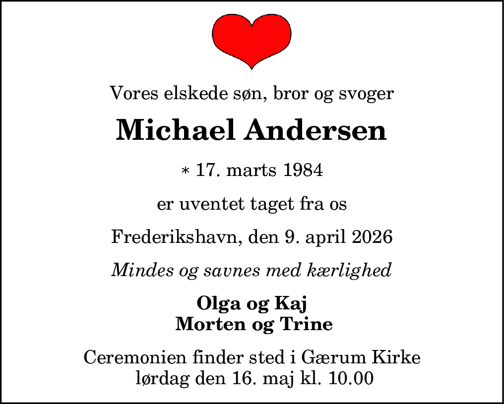 Dødsannonce for Michael Andersen