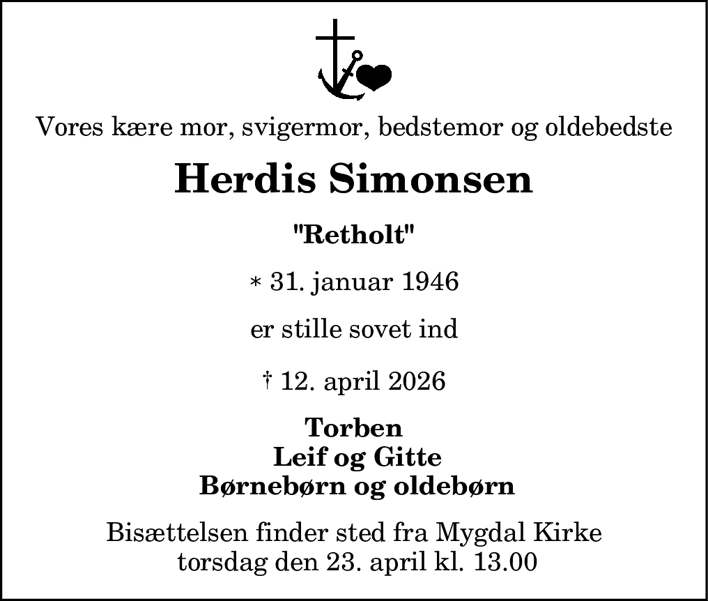 Dødsannonce for Herdis Simonsen