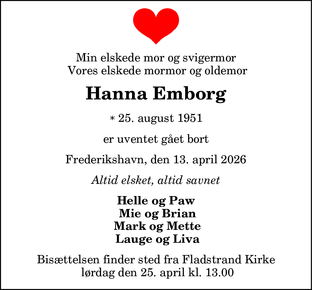 Dødsannonce for Hanna Emborg