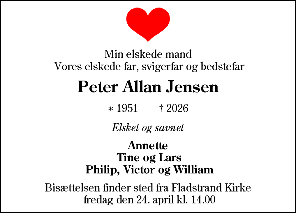 Dødsannonce for Peter Allan Jensen