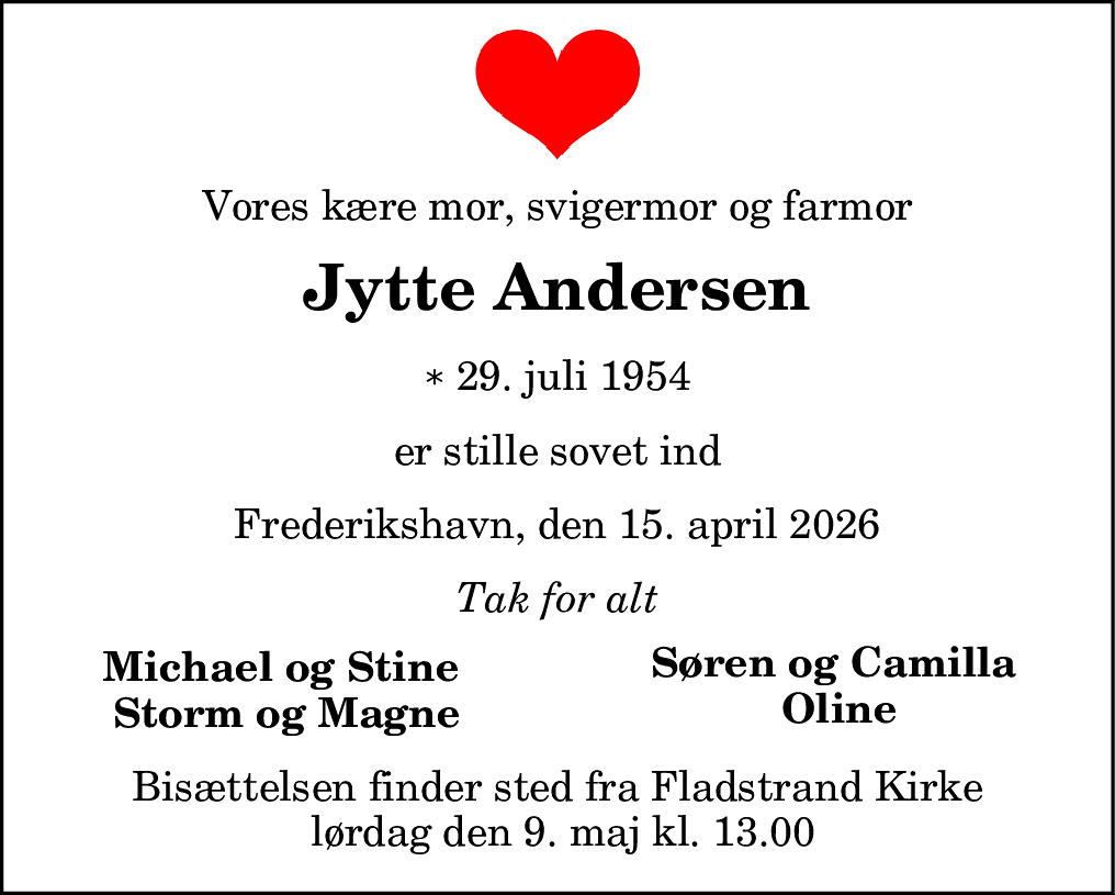 Dødsannonce for Jytte Andersen