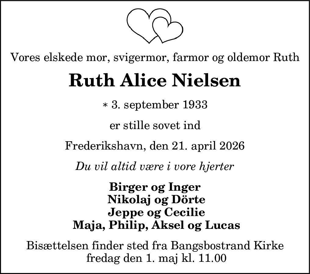 Dødsannonce for Ruth Alice Nielsen