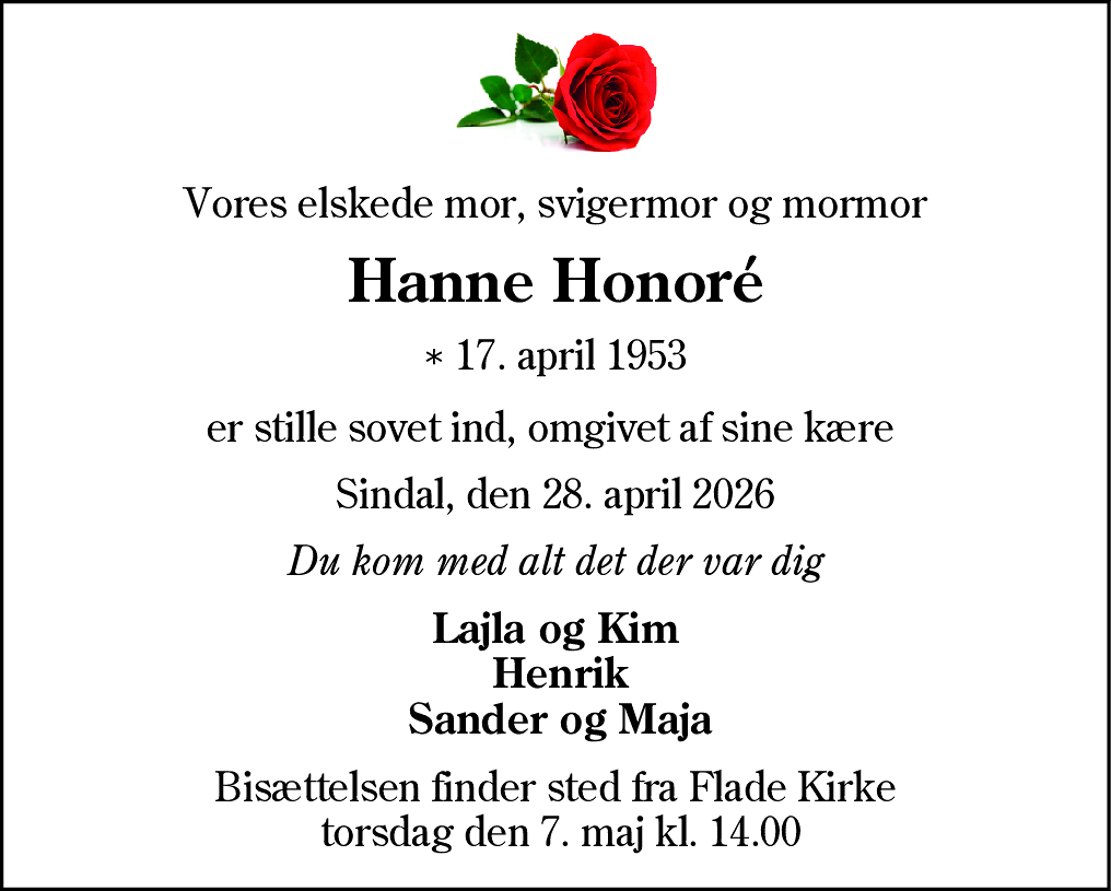 Dødsannonce for Hanne Honore
