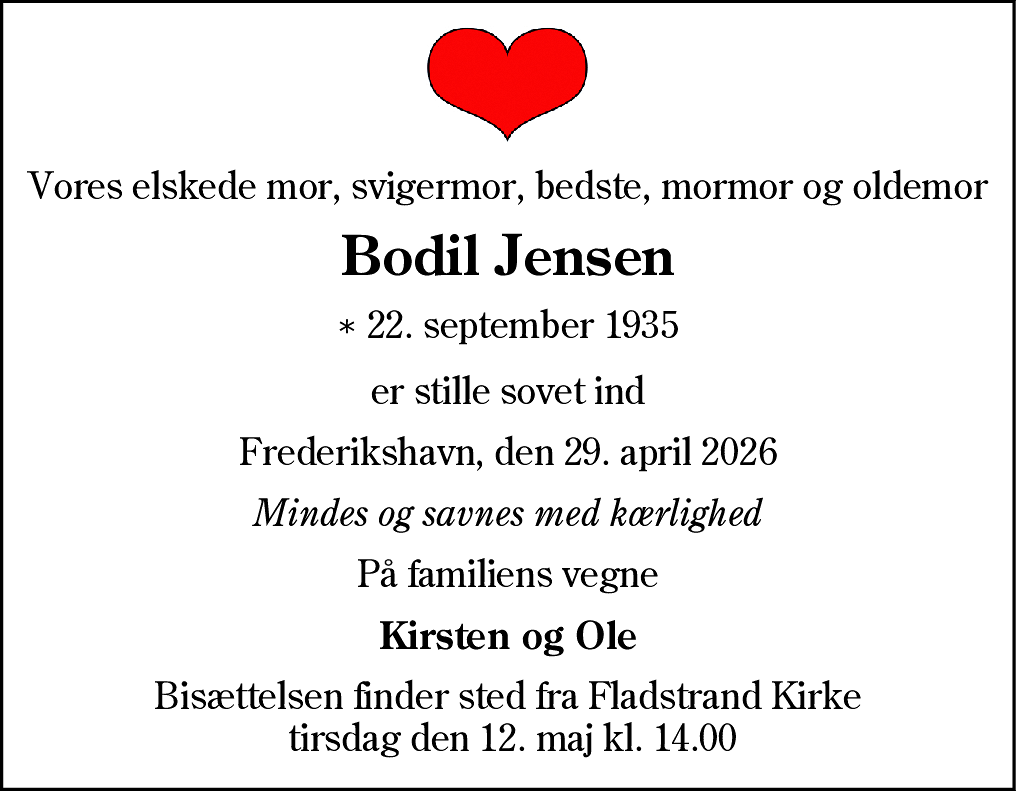 Dødsannonce for Bodil Jensen