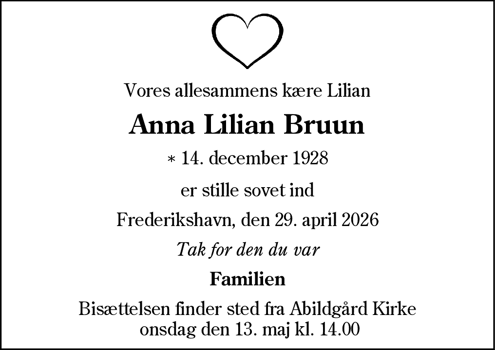 Dødsannonce for Anna Lilian Bruun