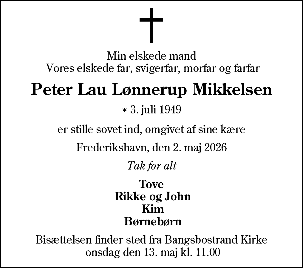 Dødsannonce for Peter Lau Lønnerup Mikkelsen