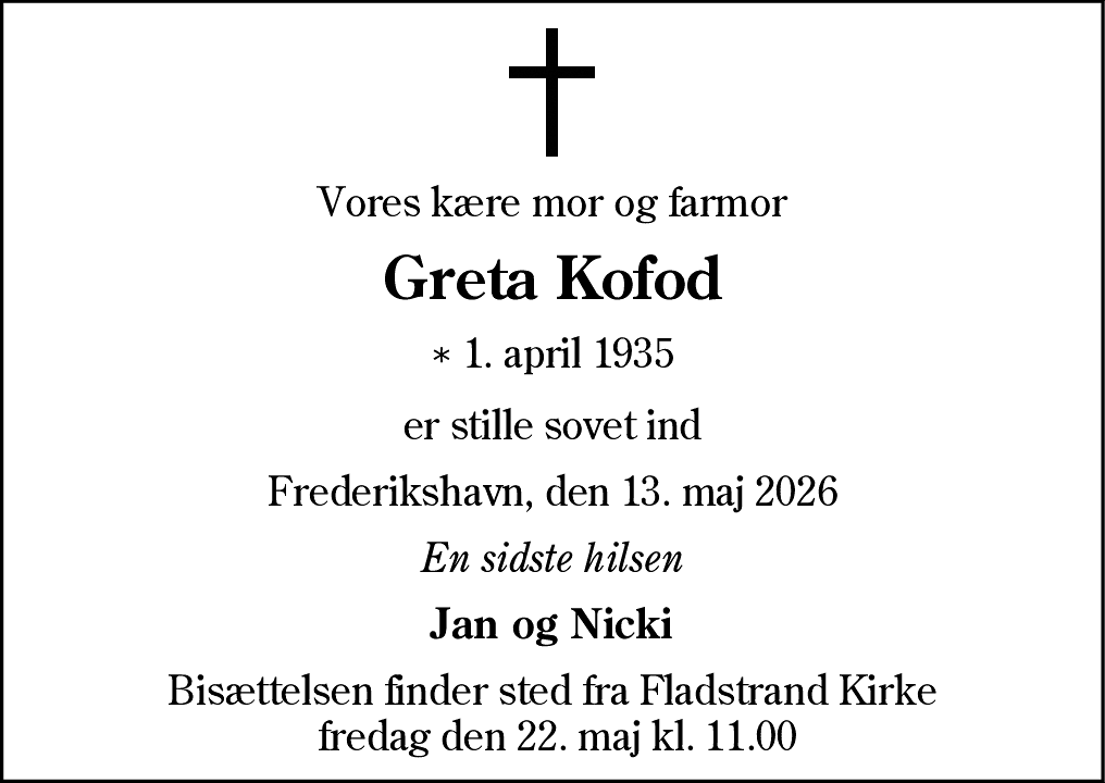 Dødsannonce for Greta Kofod