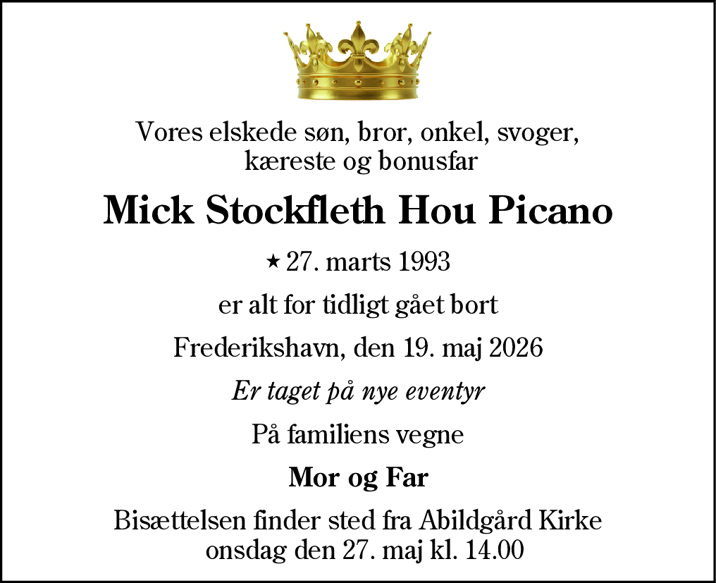 Dødsannonce for Mick Stockfleth Hou Picano
