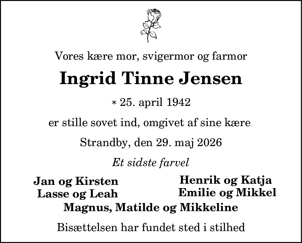Dødsannonce for Ingrid Tinne Jensen